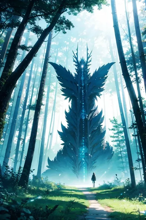 Viral anime nature wallpaper in 8K quality, in the style of Craft a visually stunning artwork blending anime aesthetics, mystical forest with giant trees, bioluminescent plants, and ethereal creatures wandering around; cool and mystical color temper