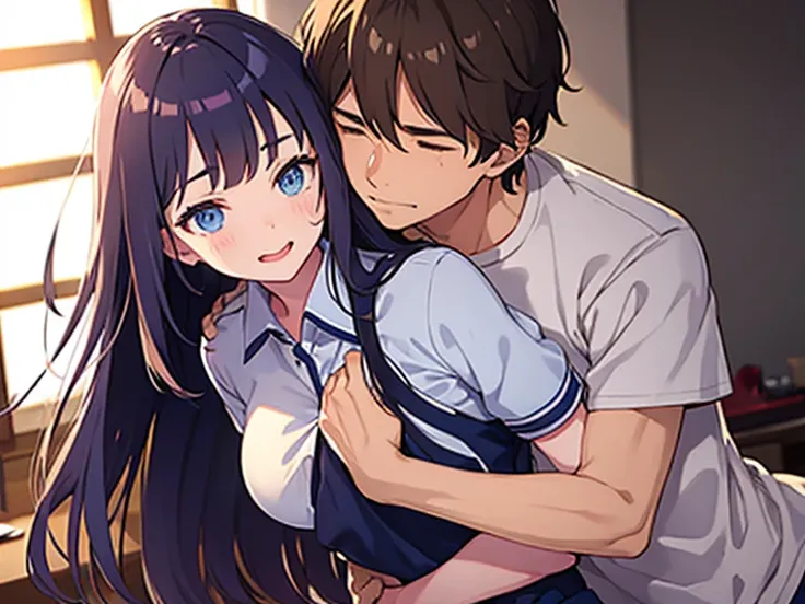 1 male、  The man is hugging an innocent 16-year-old beautiful idol girl with long dark hair and entangling his tongue、 sexしています,Looks like an anime heroine ,She is completely naked,I can see her boobs, Max image    ,Girls Bedroom， during   sex ual activity...