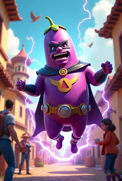 The superhero eggplant (B-Bgun) making a dramatic entrance, flying into the village with an energy aura around him." 3D cartoon