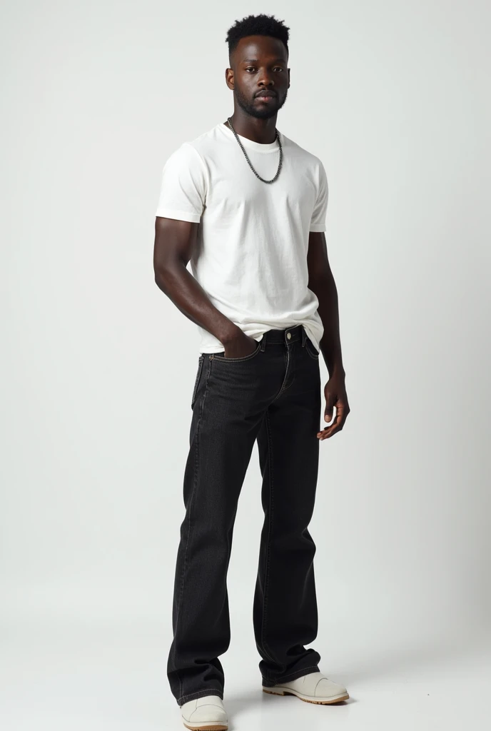 A single white man wearing a stainless steel necklace takes off his show-zip-pack is confident, stands for a model wearing long jeans, sees the hem of his pants in a white background.