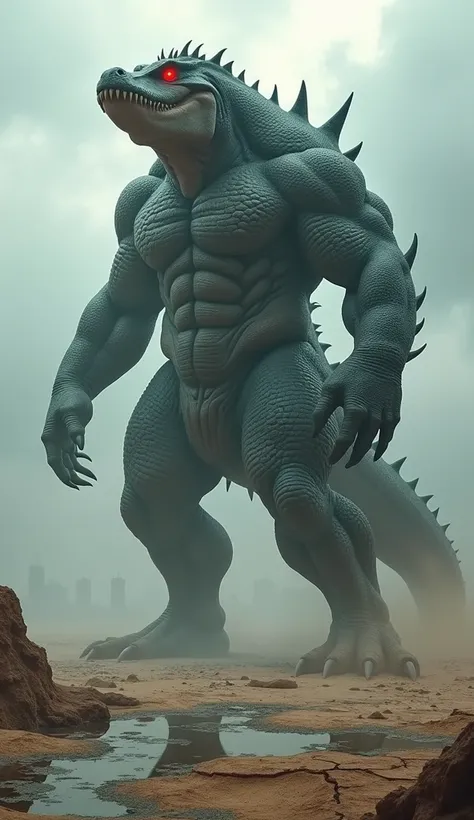 "A giant muscular bodybuilder with a devil-like appearance, a creature that mixes a crocodile and a shark.
Beneath the cloudy sky is barren, heavily built, textured hide and bright red eyes that radiate an intense, menacing presence. Horrific in appearance...