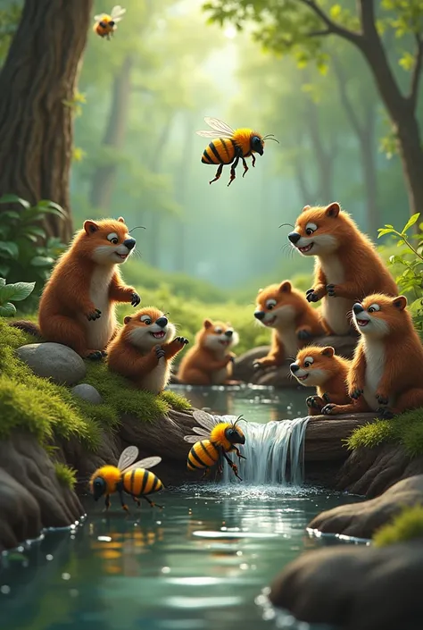 A picture with 6 bees and 5 beavers
