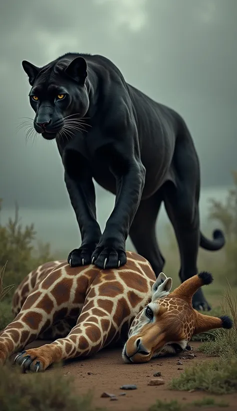 A black panther stands on a tired giraffe . giraffe dwon and injured. Giraffe full body