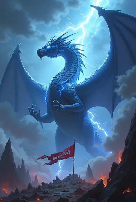 A massive lightning dragon dominates the scene, its serpentine body crackling with arcs of vibrant blue and white electricity. Its scales glint like polished obsidian streaked with veins of glowing neon blue, and its eyes shine with a fierce, electric inte...