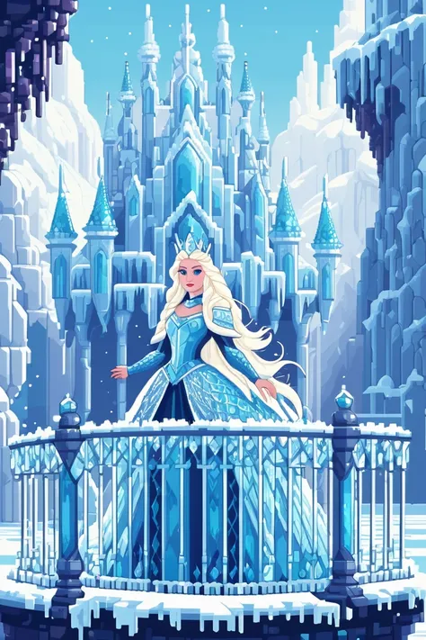 pixel art style, Queen of ice kingdom standing on the balcony of the Ice castle