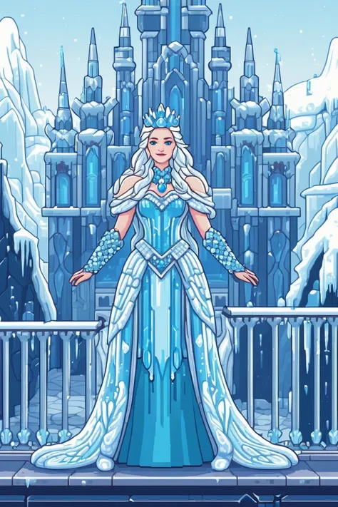 pixel art style, Queen of ice kingdom standing on the balcony of the Ice castle