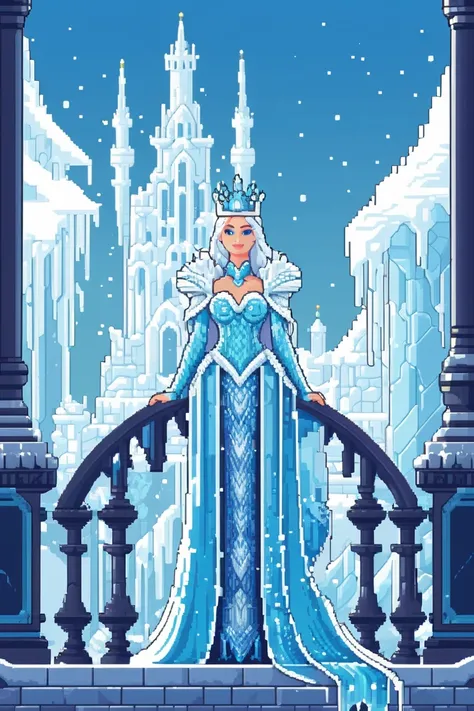 pixel art style, Queen of ice kingdom standing on the balcony of the Ice castle