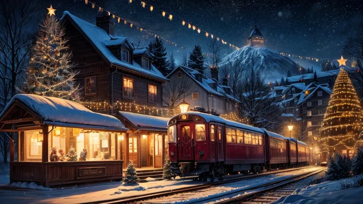  A beautiful Christmas train. A bright fairy tale picture .  sunny day. Lots of snow and Christmas lights .  high detail.  Holiday spirit.  The train is moving from left to right towards the Christmas tree,  decorated with toys and bright lanterns .