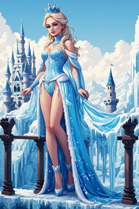 pixel art style, Queen of ice kingdom standing on the balcony of the Ice castle