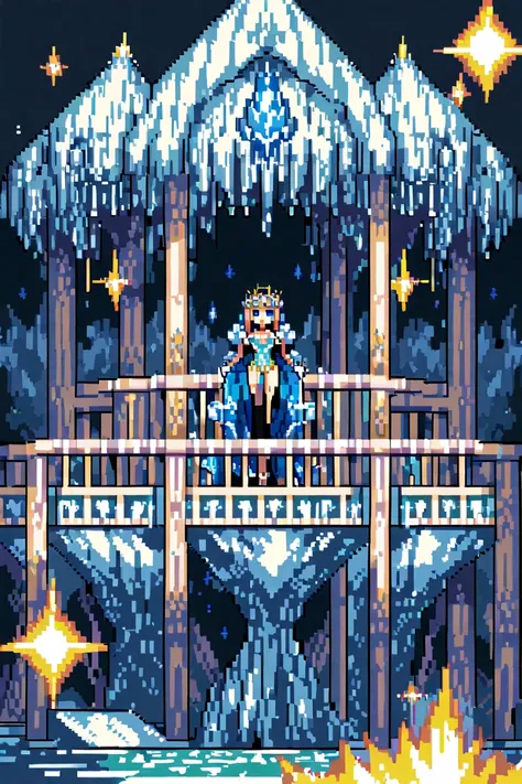 pixel art style, Queen of ice kingdom standing on the balcony of the Ice castle