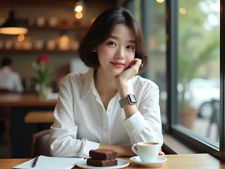 Asian girl, white, pink skin, beautiful face, short hair, always brown, comes in an office girl look, white shirt with long sleeves, black slim pants. She is in a cafe, by the window, on the table with a plate of brownies, a notebook and a pen, wearing a c...