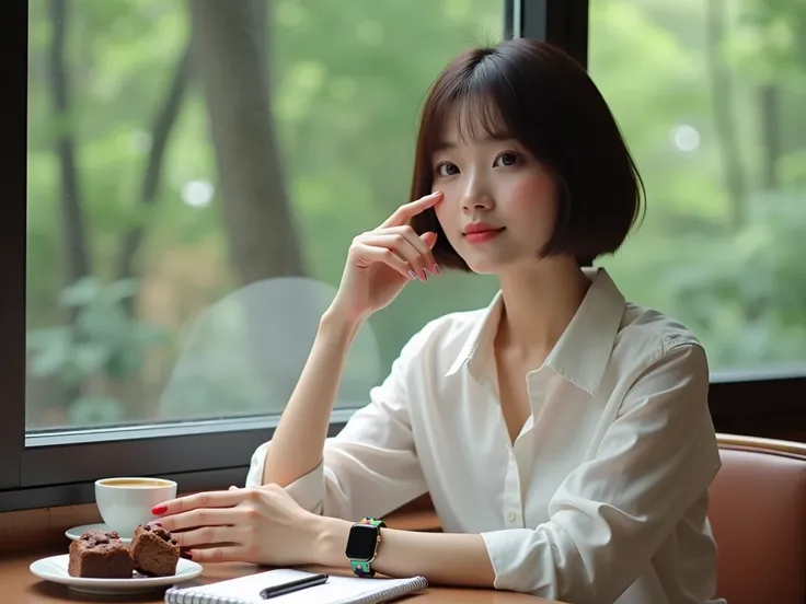 Asian girl, white, pink skin, beautiful face, short hair, always brown, comes in an office girl look, white shirt with long sleeves, black slim pants. She is in a cafe, by the window, on the table with a plate of brownies, a notebook and a pen, wearing a c...