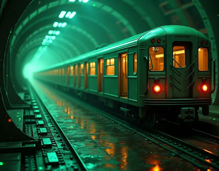 Realistic, theme is "A train that transcends time and space", a long train that snakes like a snake and wanders through digital space, the train is an old-fashioned subway car, a space of integrated circuits with complex electronic circuits, green light pa...