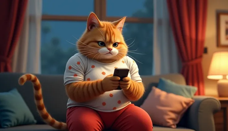 "A cute bodybuilder cat named Raju, wearing a white shirt with flowers checked pattern design printed, and red full pants.raju have large fluffy fur mane innocent and expressive charming face,raju using mobile with dispointing face in the night in the hous...