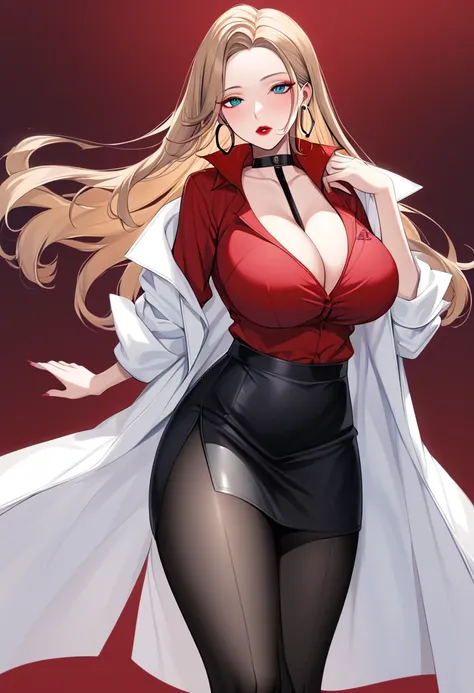  deFoleana , long hair, sidelocks, choker, lipstick, hoop earrings, white coat, cleavage, red shirt, black skirt, black pantyhose, sexy adult woman 、Big Breasts、Bare chest