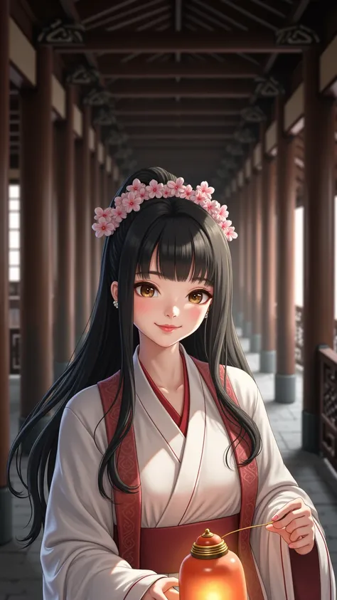 超 High resolution ,  High resolution ,  high detail, winter，Log House，corridor，一位中國古代女子，Beautiful woman ，long hair, Bangs, jewelry， An ancient Chinese woman wearing an ancient dress ，Handheld flower lamp ，