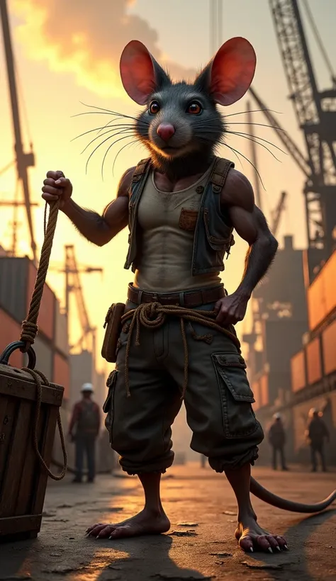 Ultra realistic, hyper-detailed image of an anthropomorphized rat working hard at a bustling dockyard. The rats fur is matted with sweat and dirt, and its muscular physique is clearly visible under a sleeveless, patched shirt and rugged work pants held up ...