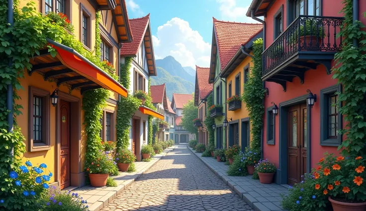 "A winding cobblestone street in a quaint European town, lined with colorful buildings, ivy-covered walls, and blooming flowers in the spring."