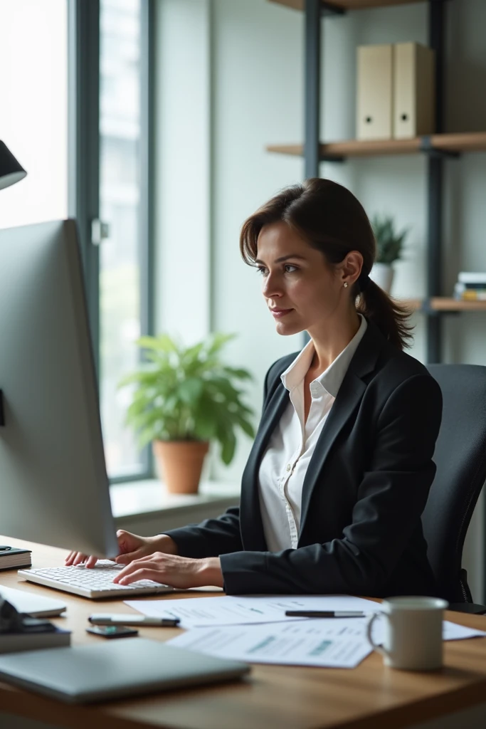 Woman sitting at her desk doing management work