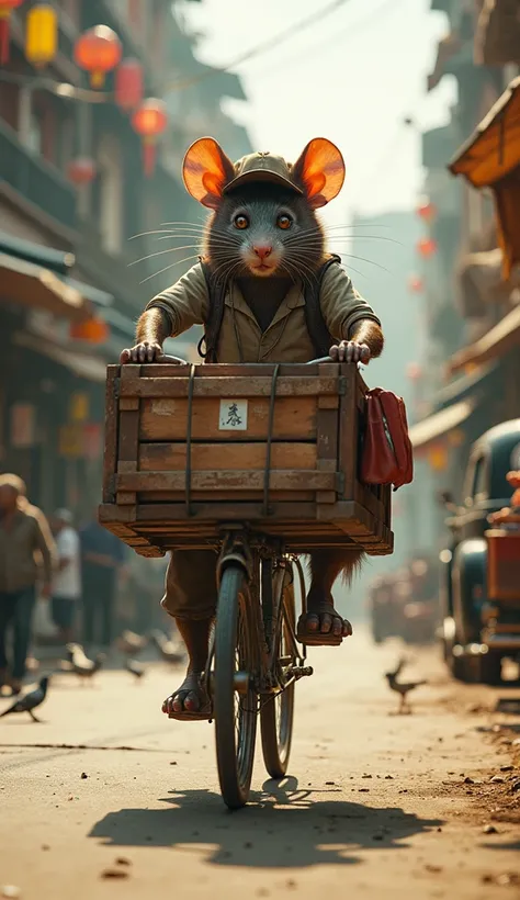 Ultra realistic, hyper-detailed image of the anthropomorphized rat riding a rusty bicycle through a busy urban street, balancing a large crate of goods strapped to the back. The rats fur is slightly disheveled, with a focused and determined expression as i...