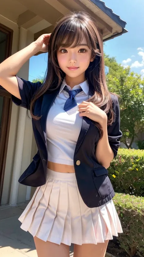 Top Quality, Very Detailed,Kampala ,(realistic, photo realistic:1.37),(cowboy shot),( low angle:1.3),(thigh:1.3), Excellent Anatomy,Beautiful Lady,Sexy Sculpture Idol,(well-proportion), positive, smile, High School girl,(schoolgirl uniform:1.3),(blazer),(s...