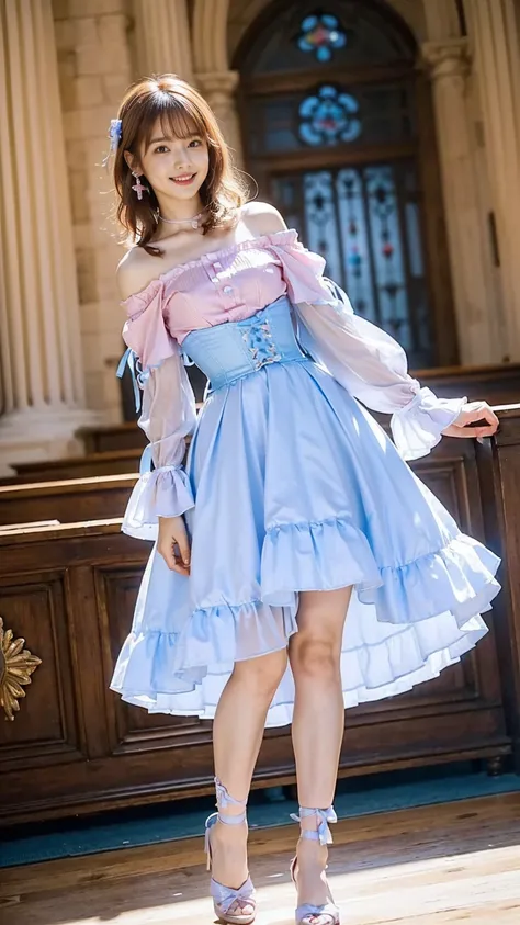 (8k、   RAW photos  、   best quality、    masterpieces in the background  :1.2)、( realistic 、 realistic )、1 person、((Pink and light blue、smile、 see-through、 off shoulder、 dress、 Long Skirt 、Frills、ribbon、 corset、church、Thin legs、whole body、 standing facing y...