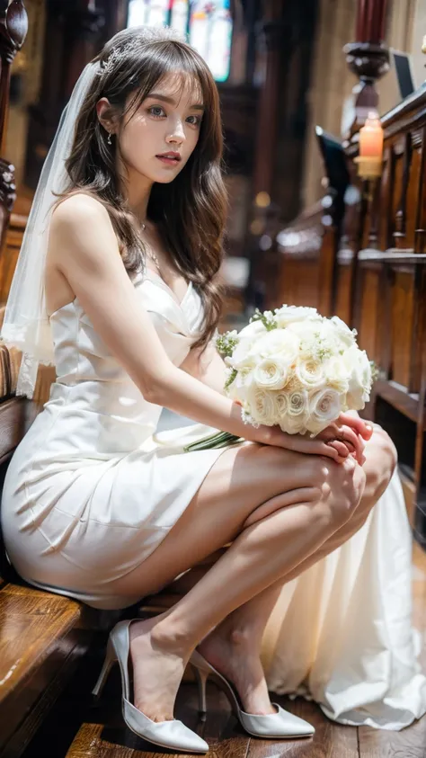 A beautiful young Japanese woman, 26 years old, with healthy thighs, beautiful legs, flawless skin, random hair color and style, large breasts, wearing a (wedding dress:1.3), full body shot, high heels, holding a bouquet in her hands, in a church setting, ...