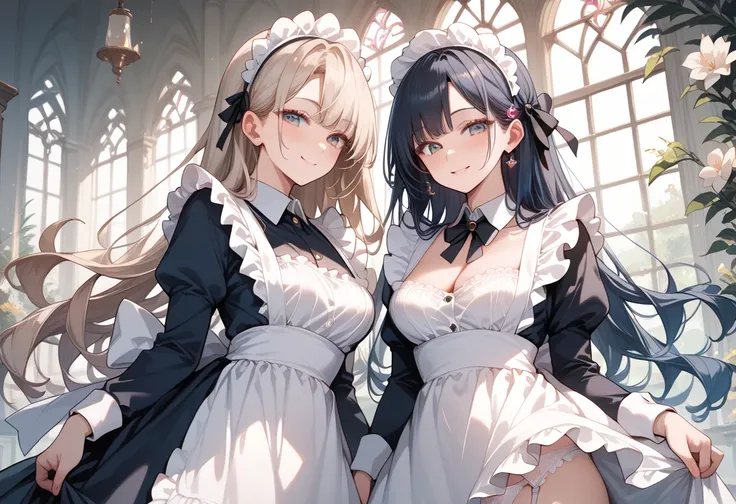 (masterpiece, best quality, ultra detailed, high resolution, detailed facial description), (2 older female:1.2), (black long hair:1.2), (maid, maid headdress, maid apron), (white lace trimmed panties, white garter belt), (light makeup:1.1), (light smile, s...