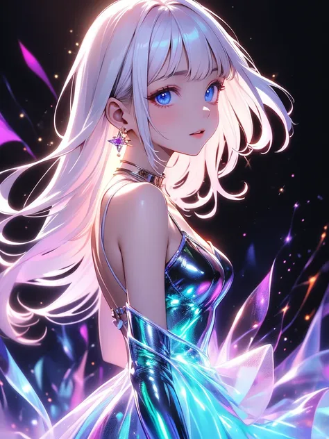 (  Masterpiece  ),( best quality:1.2),(  Perfect Anatomy  ), exquisite detail ,(( 1 girl)),Long silver hair,(( flat chested)),beautiful and exquisite blue eyes ,Holographic Laser Dress,( black background),( very detailed and elegant in the gardens of the R...