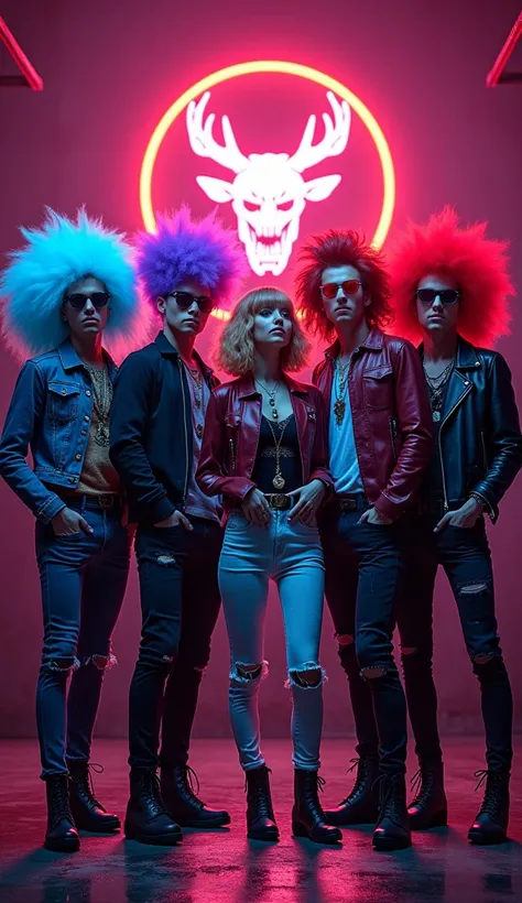 Create a bright album cover inspired by rock bands Featuring five band members in wild hairstyles and flamboyant outfits, includes a leather jacket ,  ripped jeans ,  and bold accessories .  The backdrop should be a gritty backstage scene , With writing" H...