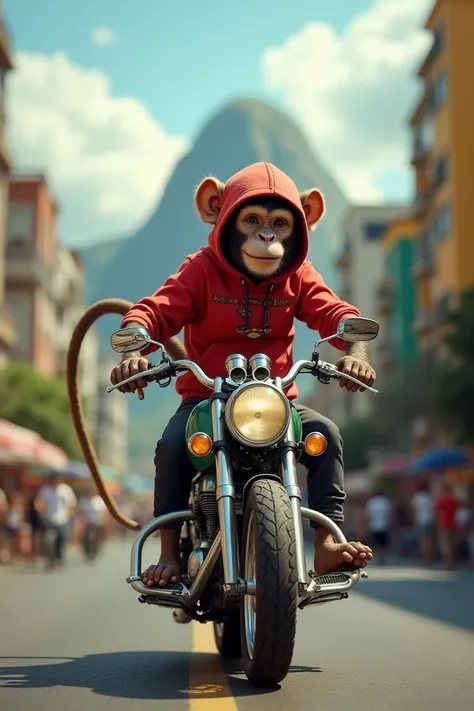 A footless monkey riding a motorcycle in Rio de Janeiro wearing a red hoodie