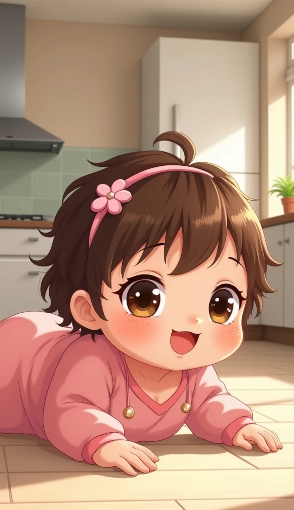 Illustrative Style, a female baby, adorable, chubby, captivating brown eyes, brown hair, a barrette in her hair, with a long light pink jumpsuit, she is lying on her belly on the floor, looking at the camera, in the background of her kitchen home