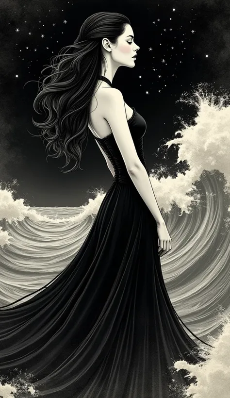 The image features a beautiful vintage, black and white, textured illustration of a beautiful woman, long black hair, black dress, from the 1950s, made with three-dimensional night seascapes, in a night sea full of stars. Nostalgic image. #kercfyeuzl
