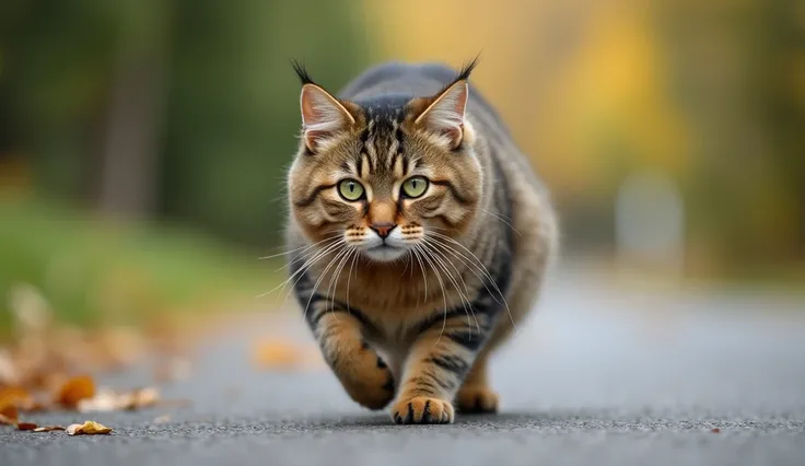 A chubby, brown-furred tomcat with green eyes doing  running on road like human walk