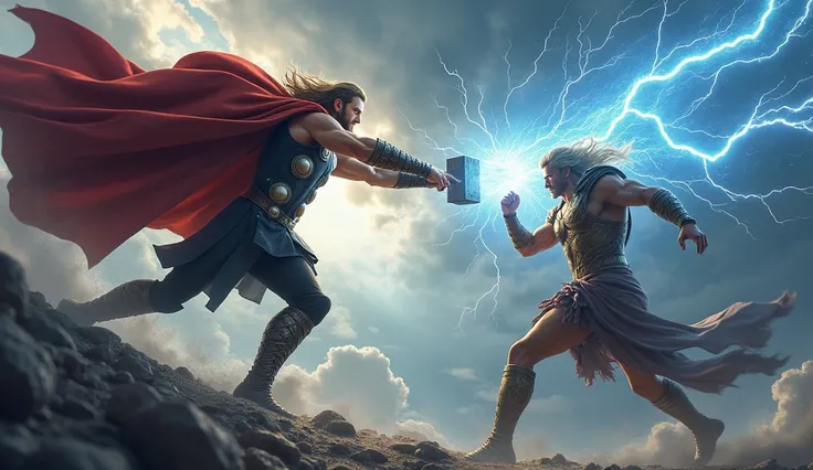 A hyper-realistic scene of Thor launching his hammer Mjolnir towards Zeus with a mighty throw, the storm-filled skies crackling with divine electricity, Zeus countering by summoning his own bolt of lightning to intercept the hammer, creating a powerful exp...