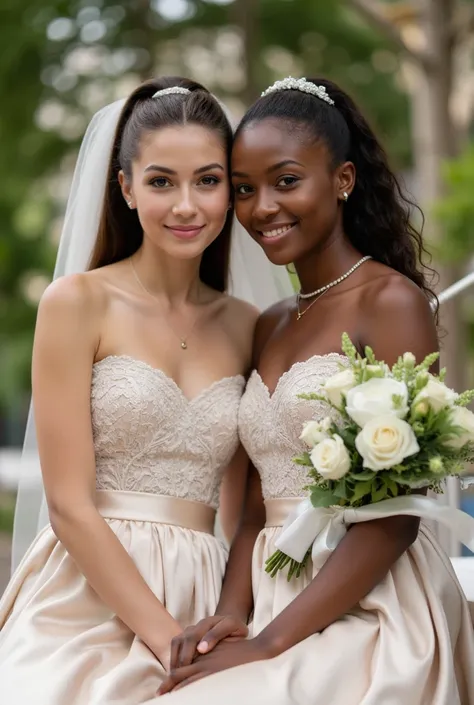 Realistic upper body portrait of two German flower girls aged 24 ,  long hair with ponytail , headband, Necklace, smile.  She poses for the camera in a shiny metallic beige satin lace A-line dress with white lace and a white satin Ribbonbelt..., Wedding ce...