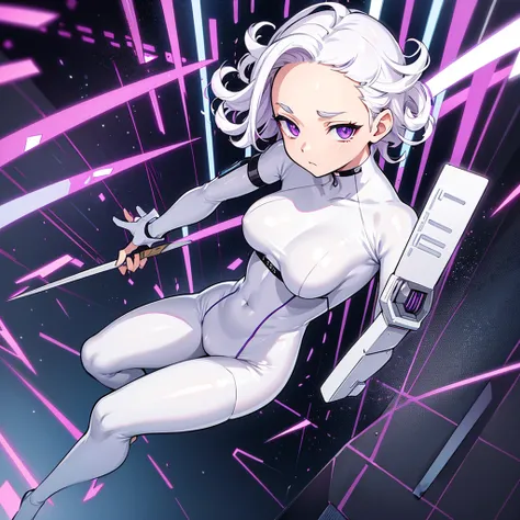 (((Solo)))、 best quality,  BEST QUALITY IN THE NORDIC PORT TOWN、( full body character concept、 Character Design )、( purple eyes)、(((White Hair, short hair、Curly Hair、 stick out your forehead)))、SF、future、((( cyberpunk )))、((( white bodysuit that fits the s...