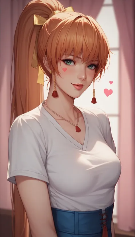  score_9,  score_8_superior,  score_7_superior,、 Kasumi from Dead or Alive, Mature Woman,  long ponytail,Skinny、happiness、 heart mark in the eye、Small breasts, Pink Room、evening、Wear a white shirt、Small breasts首, 