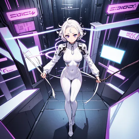 (((Solo)))、 best quality,  BEST QUALITY IN THE NORDIC PORT TOWN、( full body character concept、 Character Design )、( purple eyes)、(((White Hair, short hair、Curly Hair、 stick out your forehead)))、SF、future、((( cyberpunk )))、((( white bodysuit that fits the s...