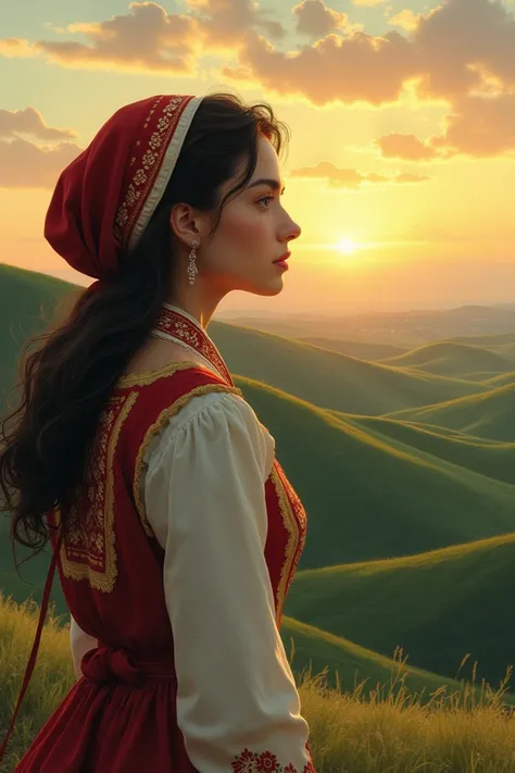 A symbolic illustration of longing ,  such as a Moldovan woman looking melancholically towards a landscape of hills or sunset 