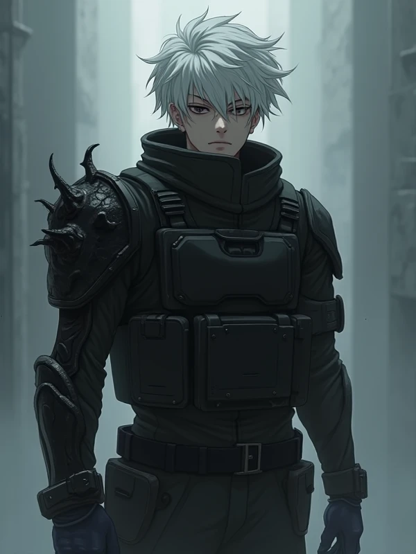 
In light novel japanese style,In the center of the image, a young man in his early 20s stands out with messy white hair and gray eyes that reflect a deep emptiness, as if he carries with him the weight of a crumbling world. His expression is somber and me...