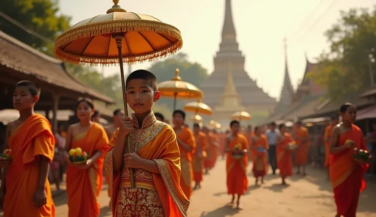 "A beautiful scene depicting a traditional Novitiation ceremony in Myanmar. A young boy, dressed in ornate ceremonial attire adorned with gold and intricate embroidery, stands gracefully under a traditional golden umbrella held by an attendant. His face re...