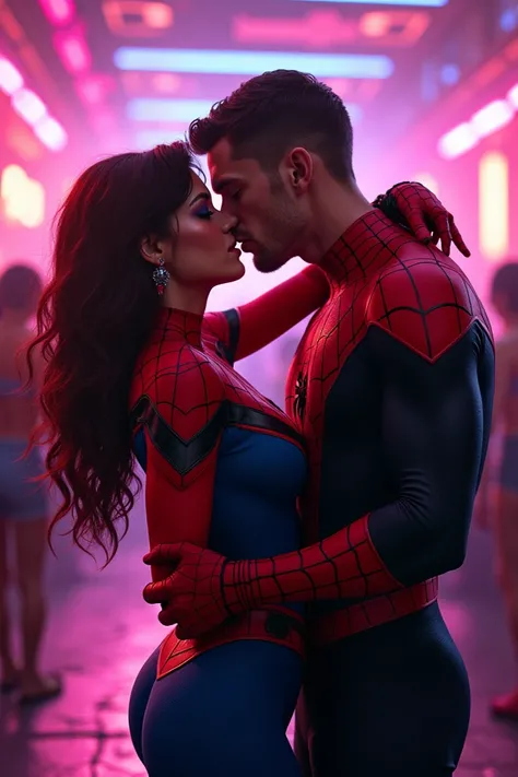 Spider woman kissing with black Spider-Man at club