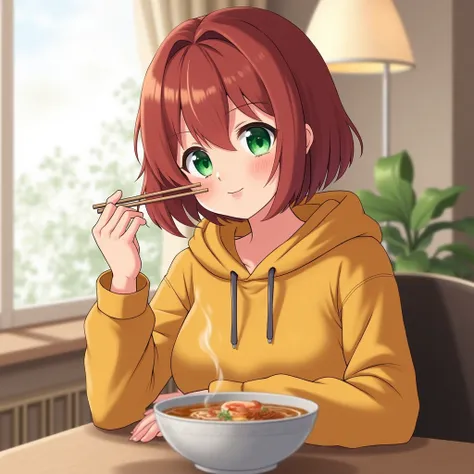  1 girl , high definition ,  shortcuts,  bob hair, mustard colored hoodie,Its hot, so roll up your arms ,Reddish brown hair, emerald green eyes, character design, Sit on a chair in the stylish living room and eat ramen on the table,