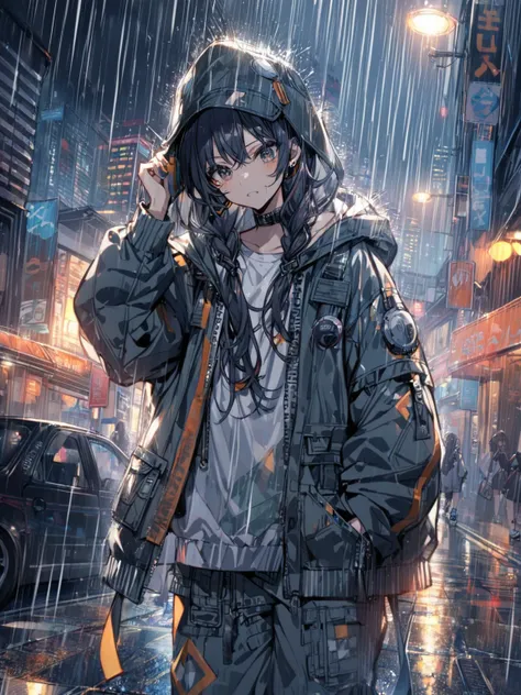  wearing oversized denim cargo pants and sneakers in the rain　 girl walking downwards 、Black dreadlocks 、　 wearing headphones