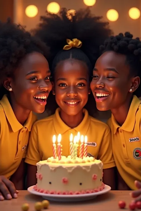 Les jeunes Africains vêtu de polo écrit SOUCIB et soufflent le gâteau danniversaire.