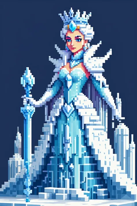 pixel art style, snow sculpture of Queen of ice kingdom