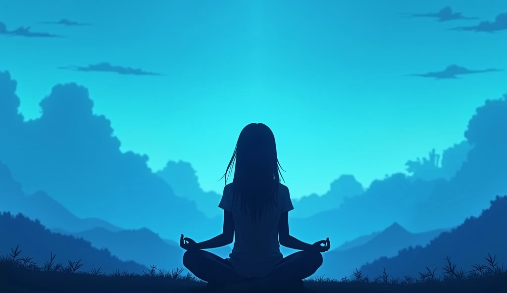 BANNER FOR THE CHANNEL WISDOM AND LIFE A SILHOUETTE OF A YOUNG WOMAN MEDITATING IN THE COLOR DARK BLUE AND A VERY BEAUTIFUL BACKGROUND