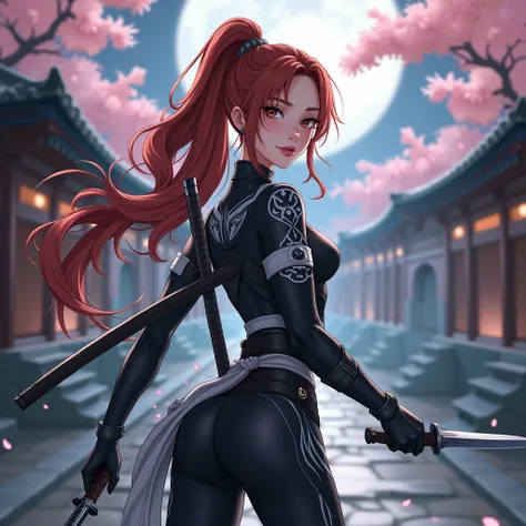  A young ninja woman with an elegant and agile appearance , with an athletic but delicate physique . Her face is soft and youthful, with light skin,  large hazel eyes that convey a mix of sweetness and determination , and thin lips.  Her hair is long, smoo...