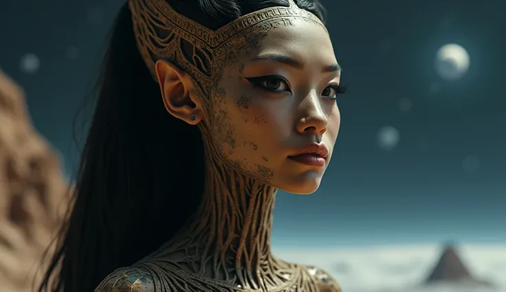 I want a YouTube Thumbail for national space day oration showing space as a field of opportunity and challenges, In the background, the image of a female alien with hair like Cleopatra, with Asian features, and her skin looking half mummified.